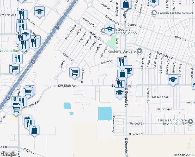 map of restaurants, bars, coffee shops, grocery stores, and more near 3007 Shores Court in Amarillo