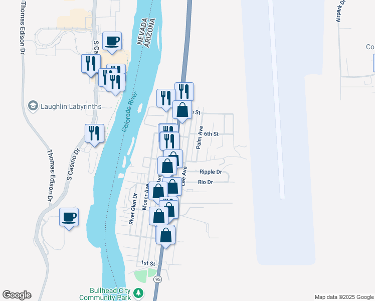 map of restaurants, bars, coffee shops, grocery stores, and more near 193 Lee Avenue in Bullhead City