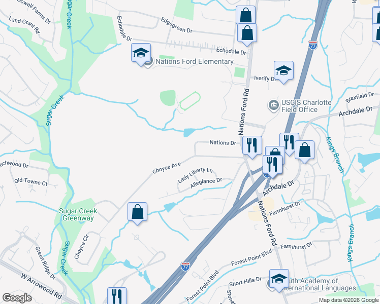 map of restaurants, bars, coffee shops, grocery stores, and more near 1156 Nations Drive in Charlotte