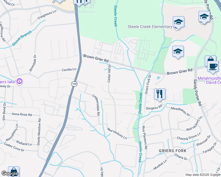 map of restaurants, bars, coffee shops, grocery stores, and more near 3938 Cedar Hill Drive in Charlotte
