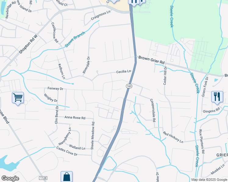 map of restaurants, bars, coffee shops, grocery stores, and more near 7310 Rupell Drive in Charlotte