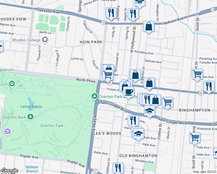 map of restaurants, bars, coffee shops, grocery stores, and more near 2346 Summer Avenue in Memphis