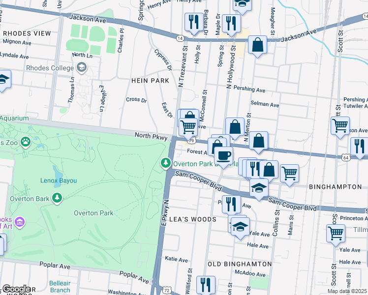 map of restaurants, bars, coffee shops, grocery stores, and more near 2346 Summer Avenue in Memphis