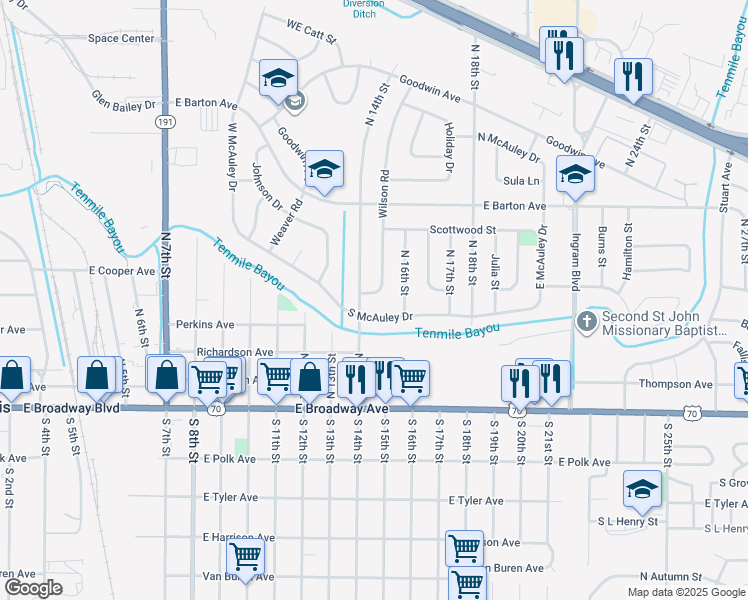 map of restaurants, bars, coffee shops, grocery stores, and more near 513 Wilson Road in West Memphis