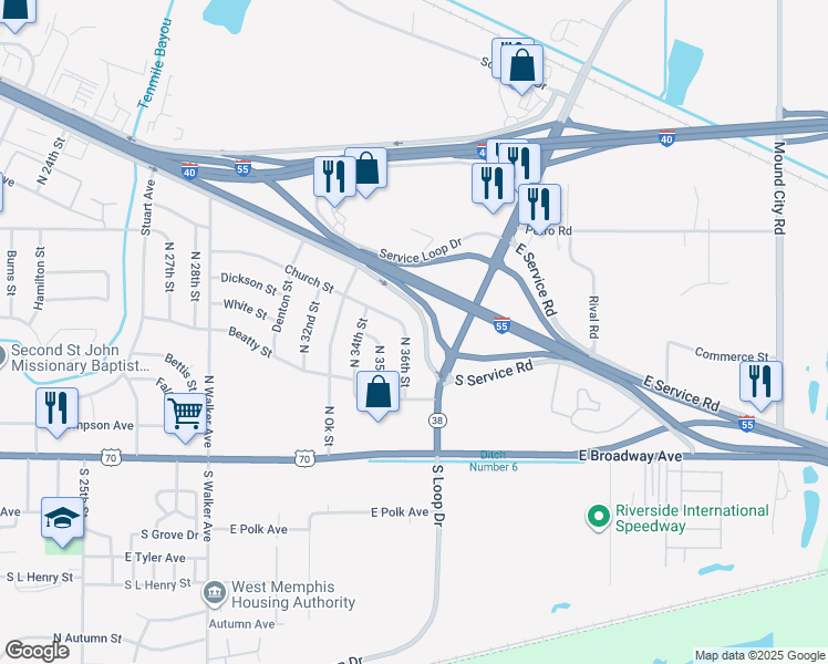 map of restaurants, bars, coffee shops, grocery stores, and more near 3506 Church Street in West Memphis