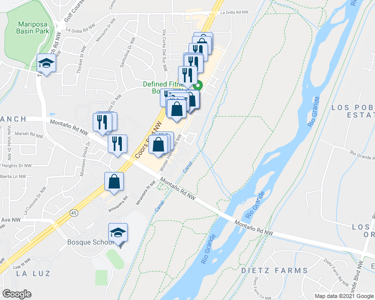map of restaurants, bars, coffee shops, grocery stores, and more near 3509 Yipee Calle Court Northwest in Albuquerque