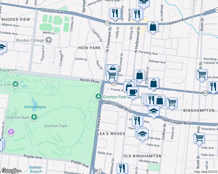 map of restaurants, bars, coffee shops, grocery stores, and more near 2346 Summer Avenue in Memphis