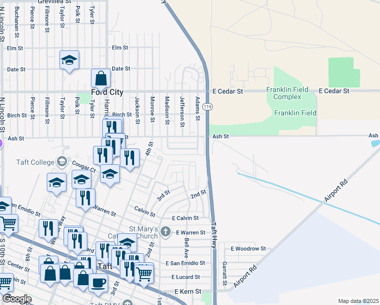 map of restaurants, bars, coffee shops, grocery stores, and more near 205 Suzanne Lane in Taft