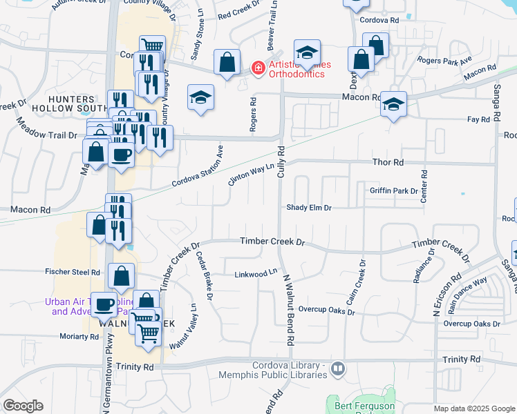 map of restaurants, bars, coffee shops, grocery stores, and more near 923 Bonniebrow Cove in Memphis