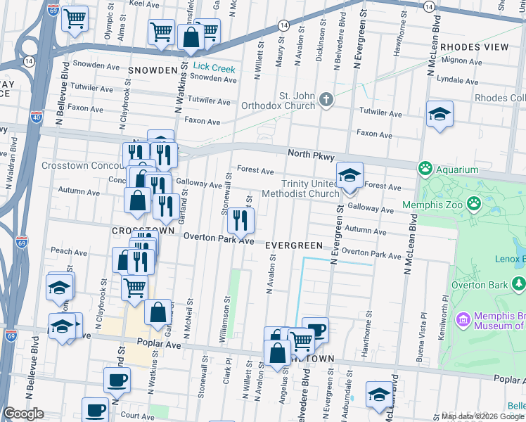 map of restaurants, bars, coffee shops, grocery stores, and more near 476 North Willett Street in Memphis