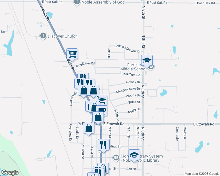map of restaurants, bars, coffee shops, grocery stores, and more near 1114 North 5th Street in Noble