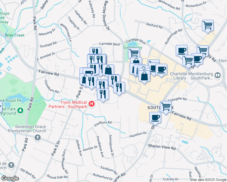 map of restaurants, bars, coffee shops, grocery stores, and more near 6100 Fairview Road in Charlotte