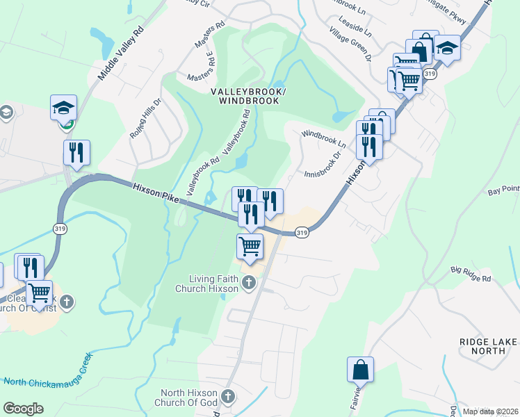 map of restaurants, bars, coffee shops, grocery stores, and more near 145 Valleybrook Circle in Chattanooga