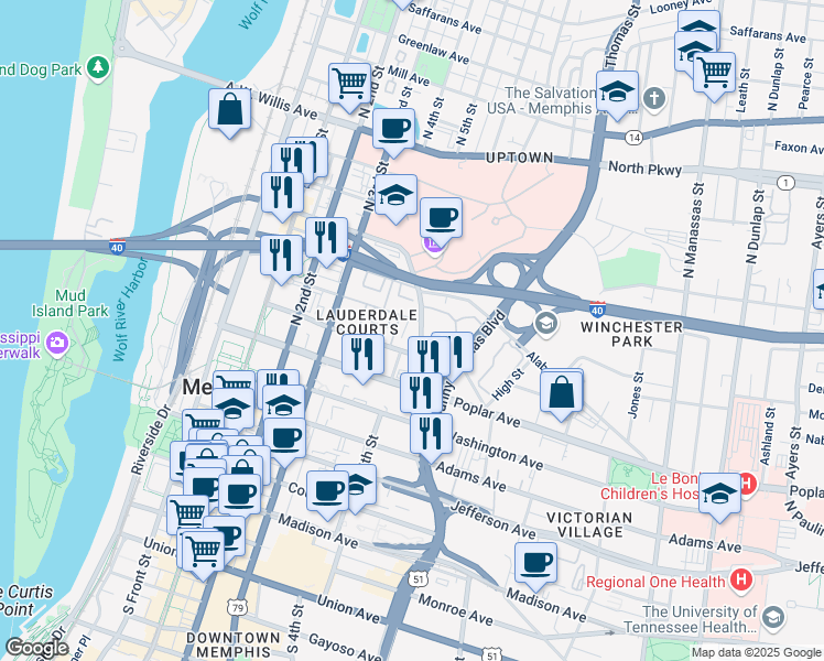 map of restaurants, bars, coffee shops, grocery stores, and more near 255 North Lauderdale Street in Memphis