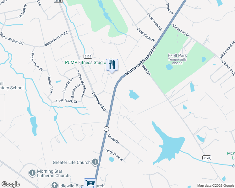 map of restaurants, bars, coffee shops, grocery stores, and more near 4516 Matthews-Mint Hill Road in Matthews