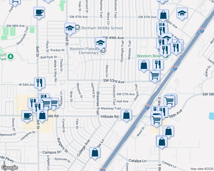 map of restaurants, bars, coffee shops, grocery stores, and more near 5009 Southwest 53rd Avenue in Amarillo