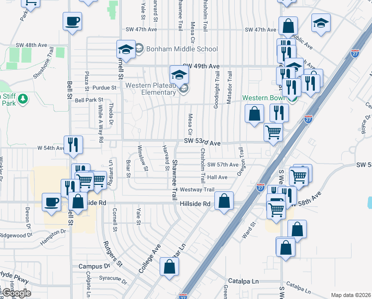 map of restaurants, bars, coffee shops, grocery stores, and more near 5009 Southwest 53rd Avenue in Amarillo