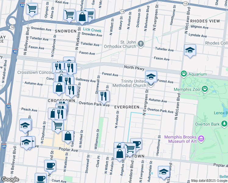 map of restaurants, bars, coffee shops, grocery stores, and more near 476 North Willett Street in Memphis