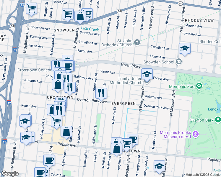 map of restaurants, bars, coffee shops, grocery stores, and more near 476 North Willett Street in Memphis