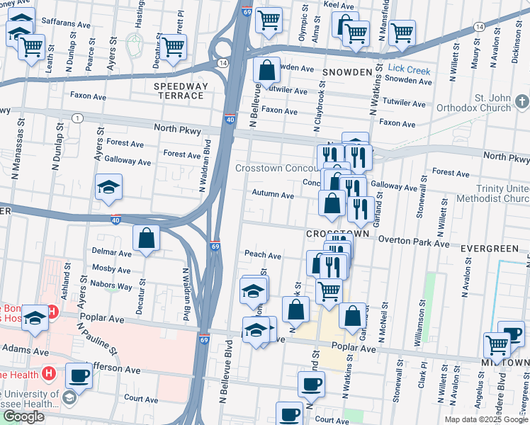 map of restaurants, bars, coffee shops, grocery stores, and more near 426 North Bellevue Boulevard in Memphis