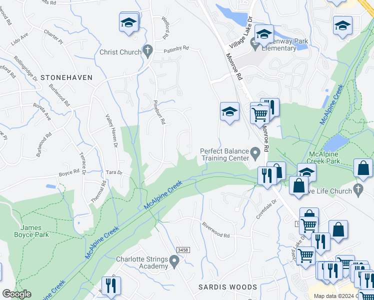 map of restaurants, bars, coffee shops, grocery stores, and more near 6213 Round Hill Rd in Charlotte