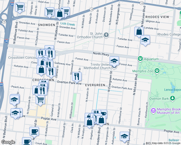 map of restaurants, bars, coffee shops, grocery stores, and more near 1601 Galloway Avenue in Memphis