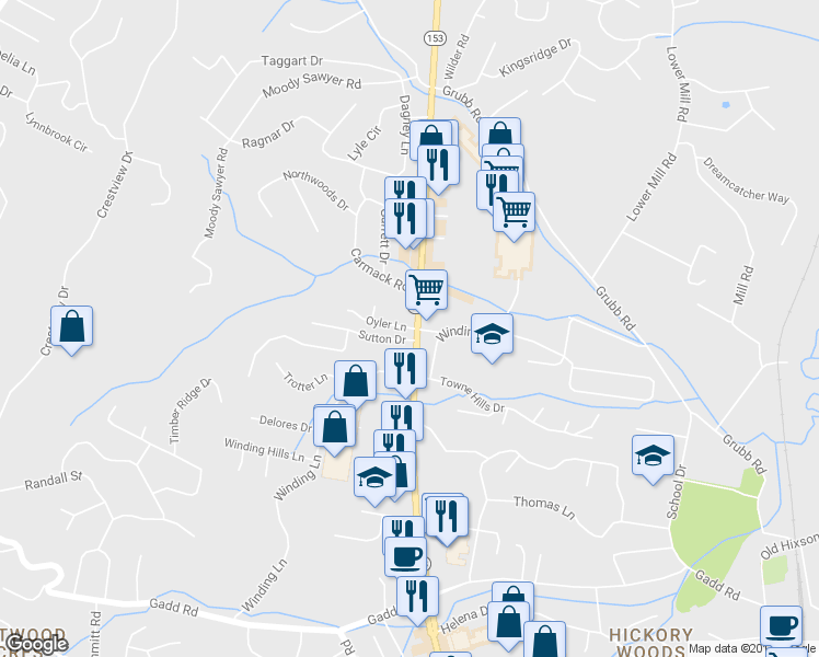 map of restaurants, bars, coffee shops, grocery stores, and more near 116 Oyler Lane in Chattanooga