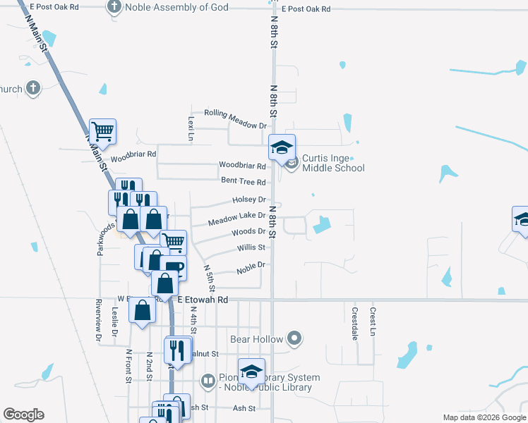 map of restaurants, bars, coffee shops, grocery stores, and more near 710 Holsey Drive in Noble