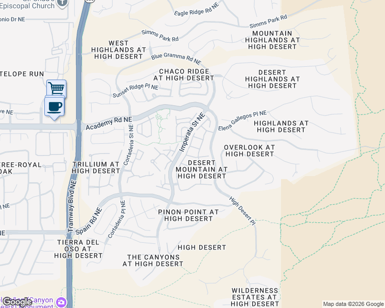 map of restaurants, bars, coffee shops, grocery stores, and more near 6205 Goldfield Place Northeast in Albuquerque
