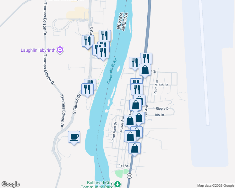 map of restaurants, bars, coffee shops, grocery stores, and more near 231 Moser Avenue in Bullhead City