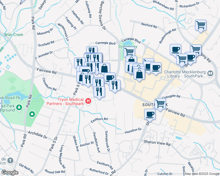 map of restaurants, bars, coffee shops, grocery stores, and more near 6100 Fairview Road in Charlotte