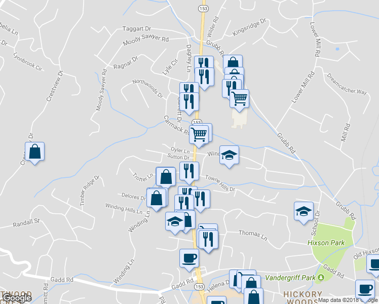 map of restaurants, bars, coffee shops, grocery stores, and more near 124 Oyler Lane in Chattanooga
