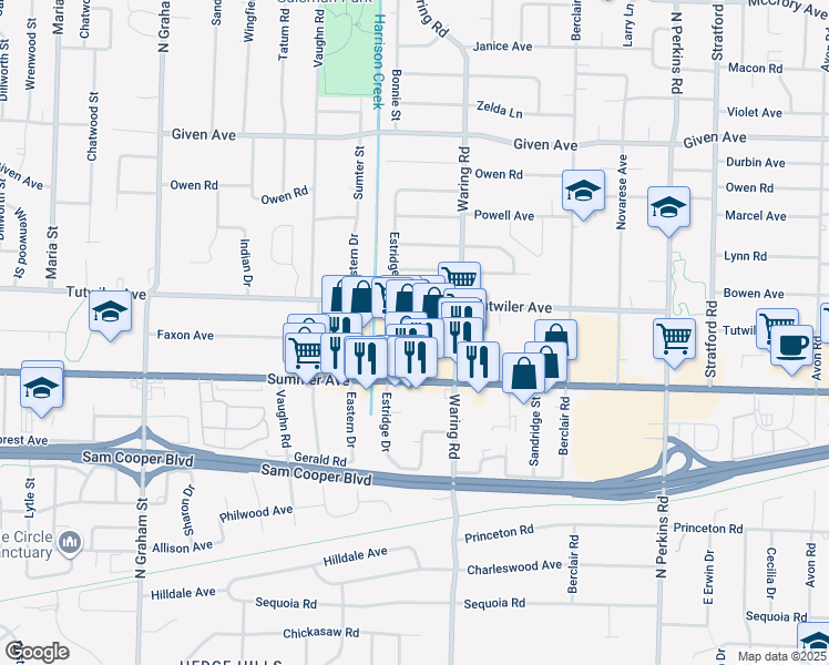 map of restaurants, bars, coffee shops, grocery stores, and more near 4301 Tutwiler Avenue in Memphis