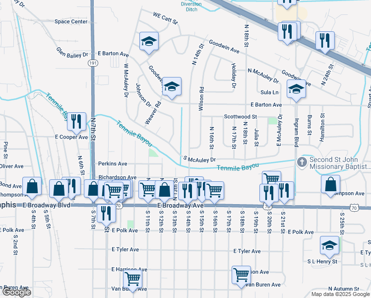 map of restaurants, bars, coffee shops, grocery stores, and more near 510 North 14th Street in West Memphis