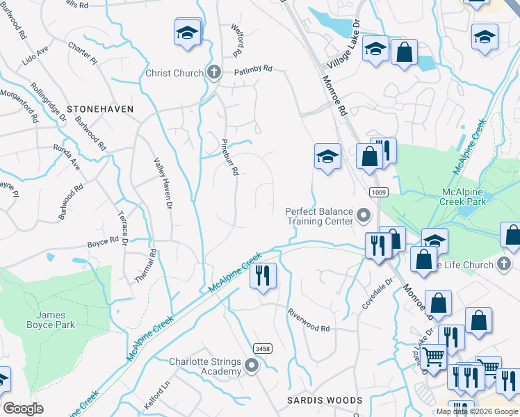 map of restaurants, bars, coffee shops, grocery stores, and more near 6227 Round Hill Road in Charlotte