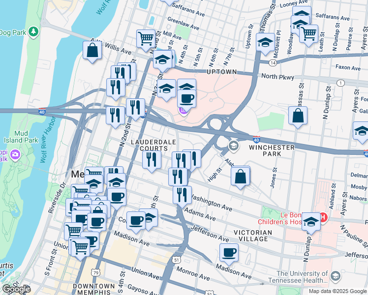 map of restaurants, bars, coffee shops, grocery stores, and more near 252 North Lauderdale Street in Memphis
