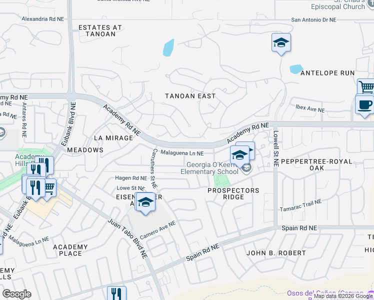 map of restaurants, bars, coffee shops, grocery stores, and more near 11204 Country Club Northeast in Albuquerque