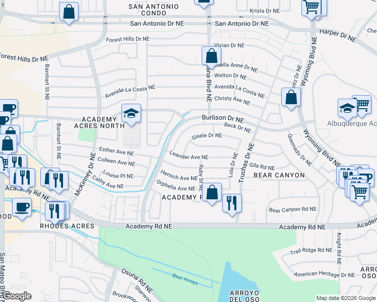 map of restaurants, bars, coffee shops, grocery stores, and more near 6612 Gisele Drive Northeast in Albuquerque