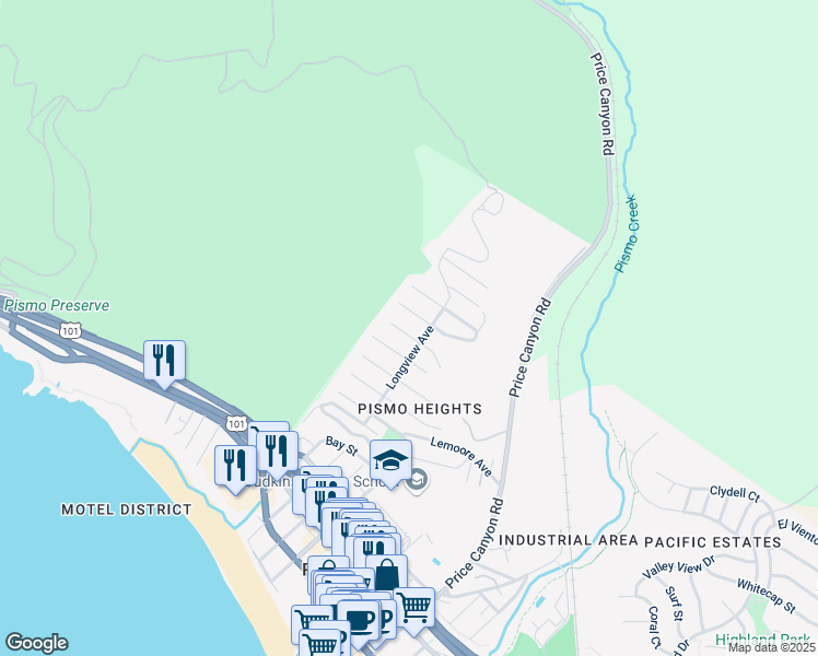 map of restaurants, bars, coffee shops, grocery stores, and more near 941 Visalia Street in Pismo Beach