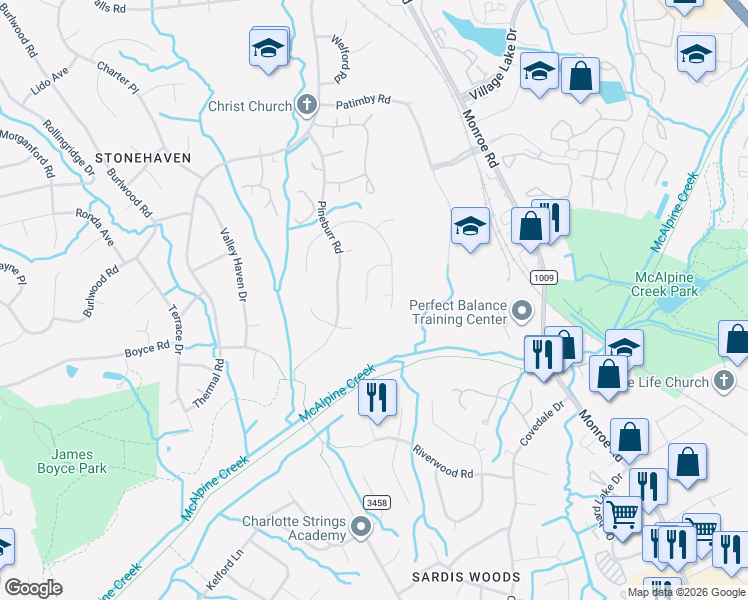 map of restaurants, bars, coffee shops, grocery stores, and more near 6227 Round Hill Road in Charlotte