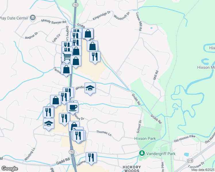 map of restaurants, bars, coffee shops, grocery stores, and more near 5951 Winding Lane in Chattanooga