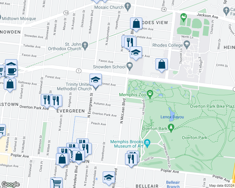 map of restaurants, bars, coffee shops, grocery stores, and more near 1831 Forest Avenue in Memphis