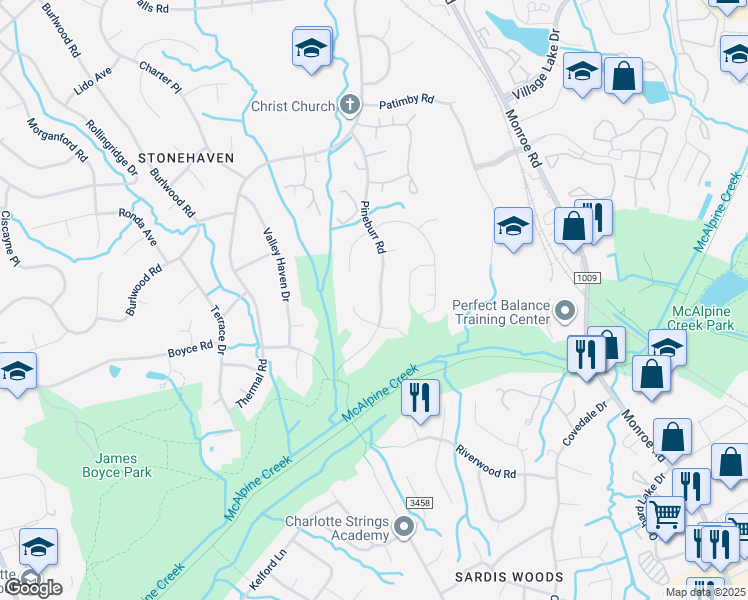 map of restaurants, bars, coffee shops, grocery stores, and more near 6414 Pineburr Road in Charlotte