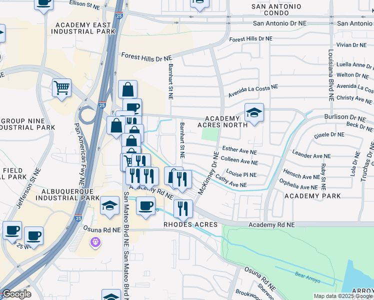 map of restaurants, bars, coffee shops, grocery stores, and more near 6308 Esther Avenue Northeast in Albuquerque