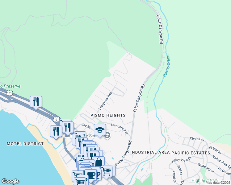 map of restaurants, bars, coffee shops, grocery stores, and more near 870 Visalia Street in Pismo Beach
