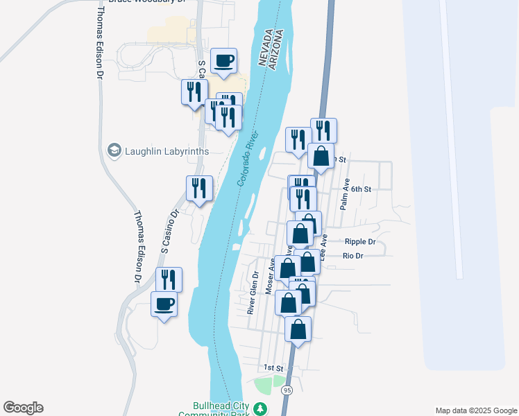 map of restaurants, bars, coffee shops, grocery stores, and more near 231 Moser Avenue in Bullhead City
