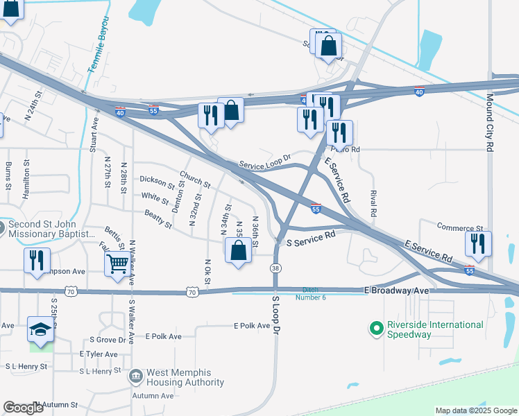 map of restaurants, bars, coffee shops, grocery stores, and more near 3506 Church Street in West Memphis