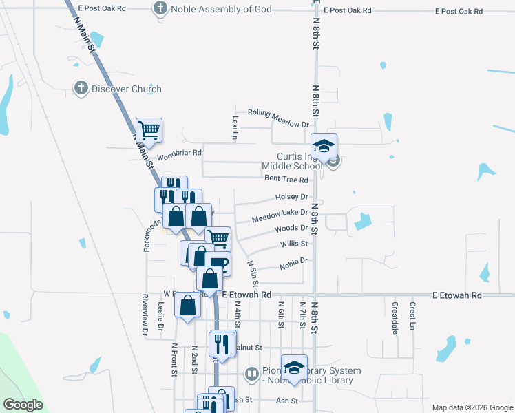 map of restaurants, bars, coffee shops, grocery stores, and more near 513 Holsey Drive in Noble