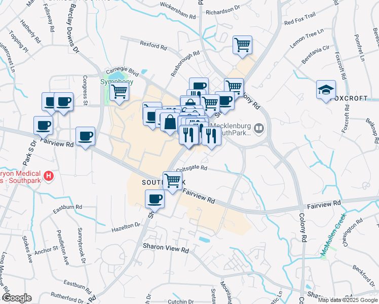 map of restaurants, bars, coffee shops, grocery stores, and more near 4521 Sharon Road in Charlotte