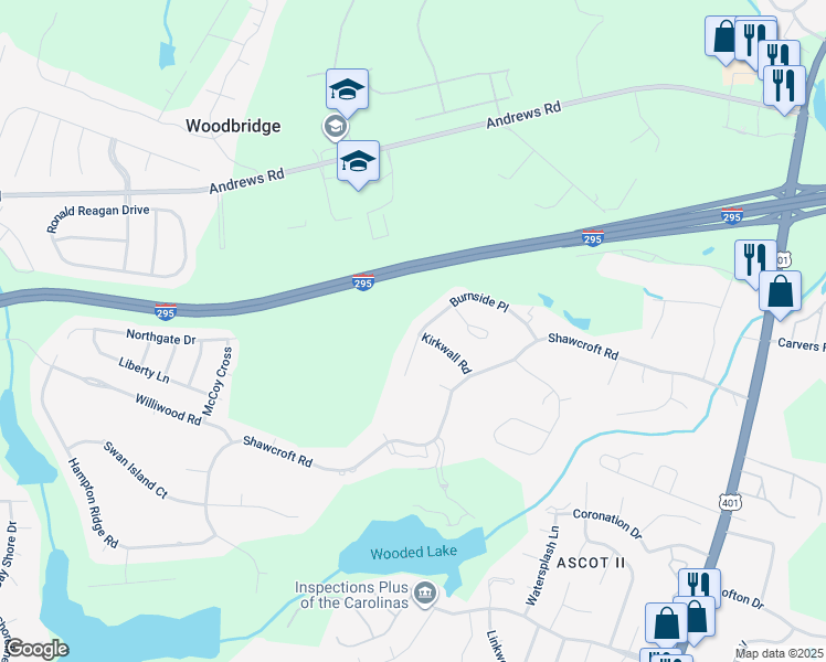 map of restaurants, bars, coffee shops, grocery stores, and more near 6432 Burnside Place in Fayetteville